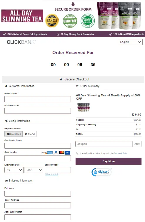 Slimming Tea order page